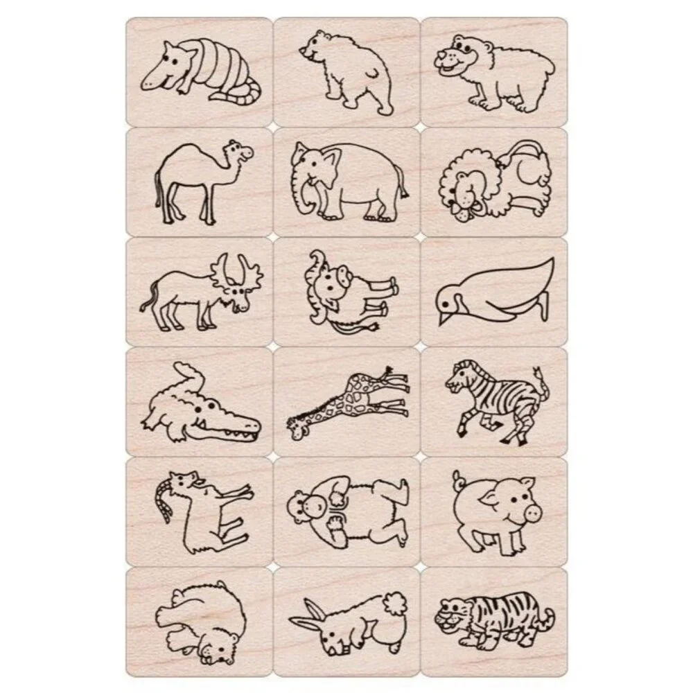 Hero Arts Fun Zoo Animals Woodblock Rubber Stamp Set: 18 Stamps w/2 Ink Pads NWT